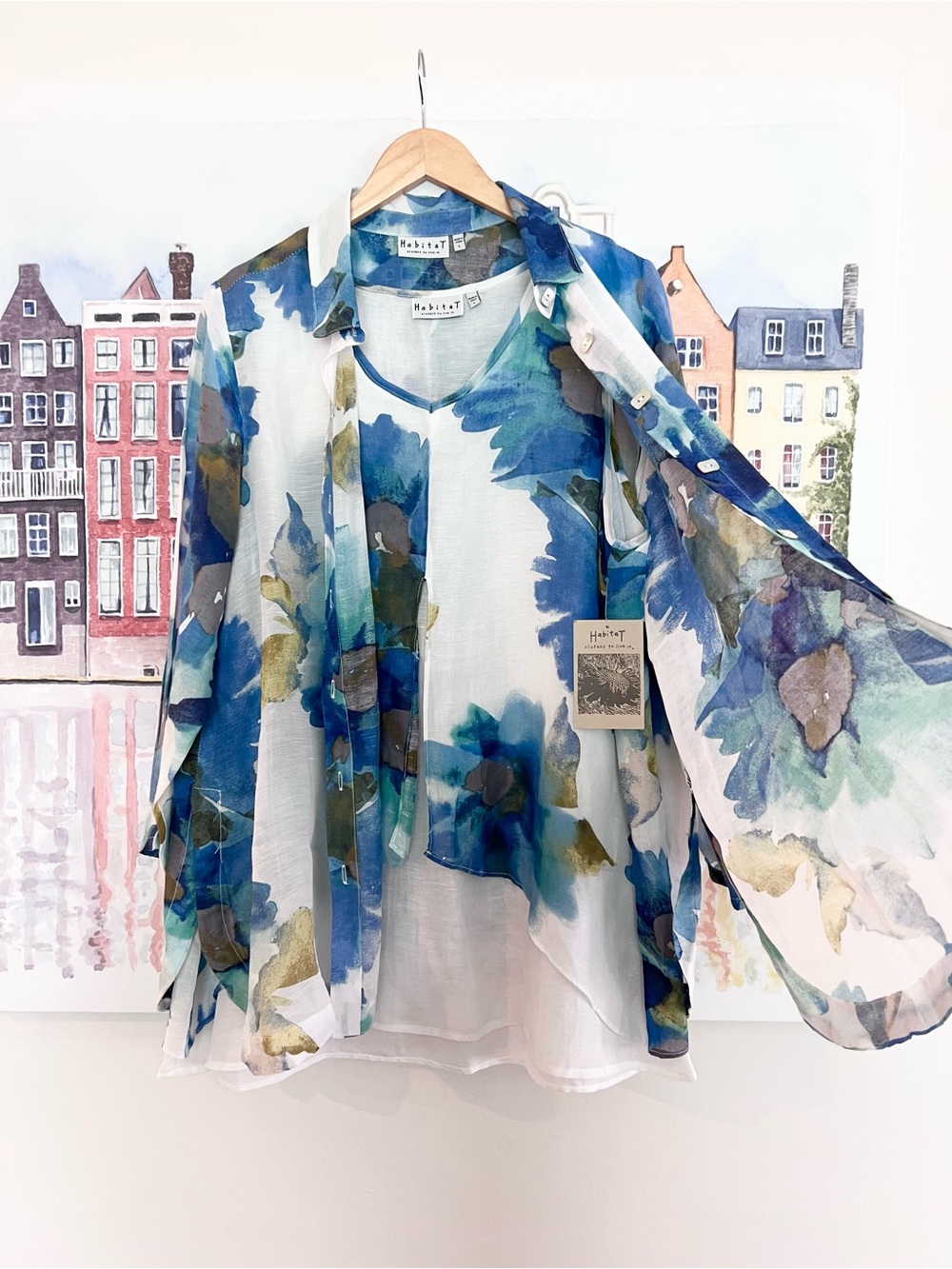NWT Habitat Lagenlook 2 Pc. Button-Front Top with Tank Watercolor Linen Blend LG - Picture 14 of 15